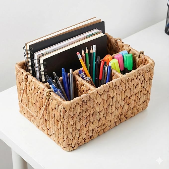 Wicker Utensil Holder with Handle – Handwoven Water Hyacinth Flatware Caddy with 4 Compartments – Rustic Cutlery Organizer for Kitchen, Dining Table, Picnic & BBQ