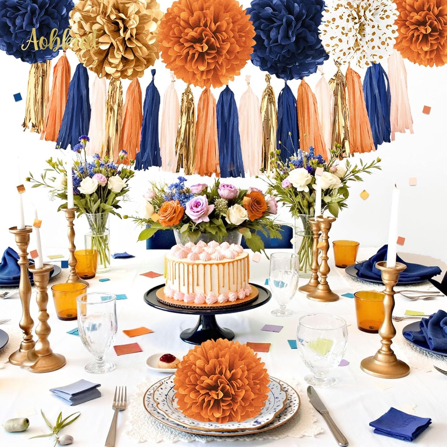 AOBKIAT Fall Baby Shower Party Decorations,28PCS Thanksgiving Home Decor,Orange Navy Gold Tissue Paper Pom Poms,Paper Garland,Hanging tassel,Table Confetti,for Baby Shower,Bridal Shower,Rustic Wedding