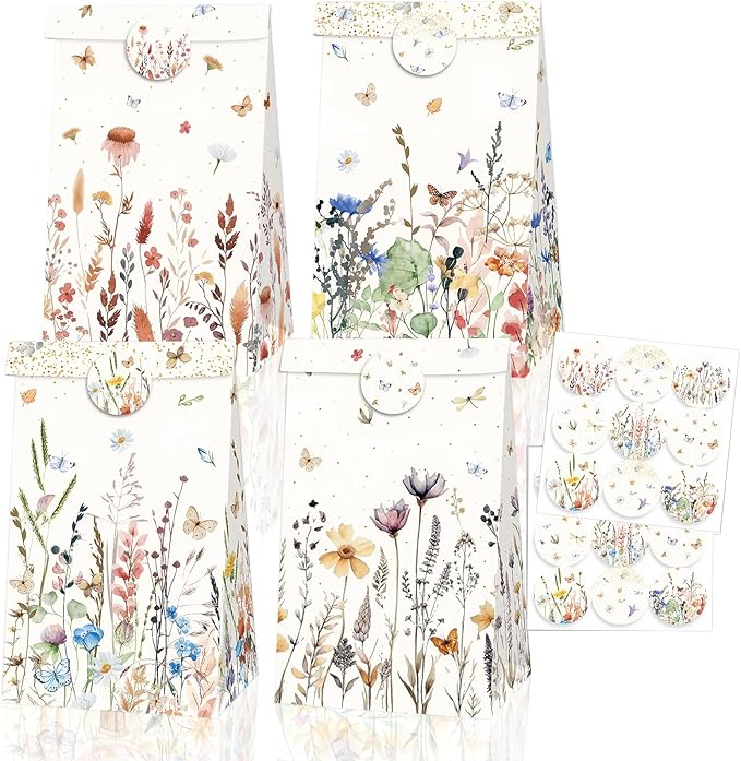 Inshinern Wildflower Party Favor Gift Bags Small Spring Floral Party Bags with Sticker Boho Theme Candy Goodie Bag for One Birthday Baby Shower Woodland Picnic Garden Tea Party Supplies (12Pcs)
