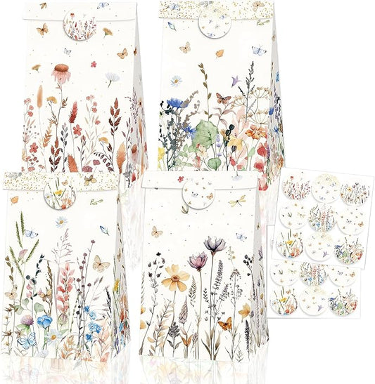 Inshinern Wildflower Party Favor Gift Bags Small Spring Floral Party Bags with Sticker Boho Theme Candy Goodie Bag for One Birthday Baby Shower Woodland Picnic Garden Tea Party Supplies (12Pcs)