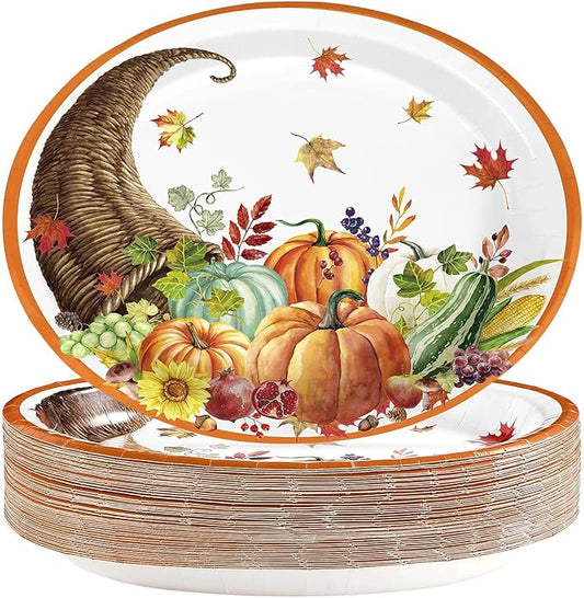 Grencian 50Pcs Thanksgiving Oval Paper Plates Thanksgiving Harvest Plates 10" X 12" Large Disposable Fall Pumpkin Cornucopia Platter Rustic Farmhouse Tableware for Autumn Harvest Party Decorations