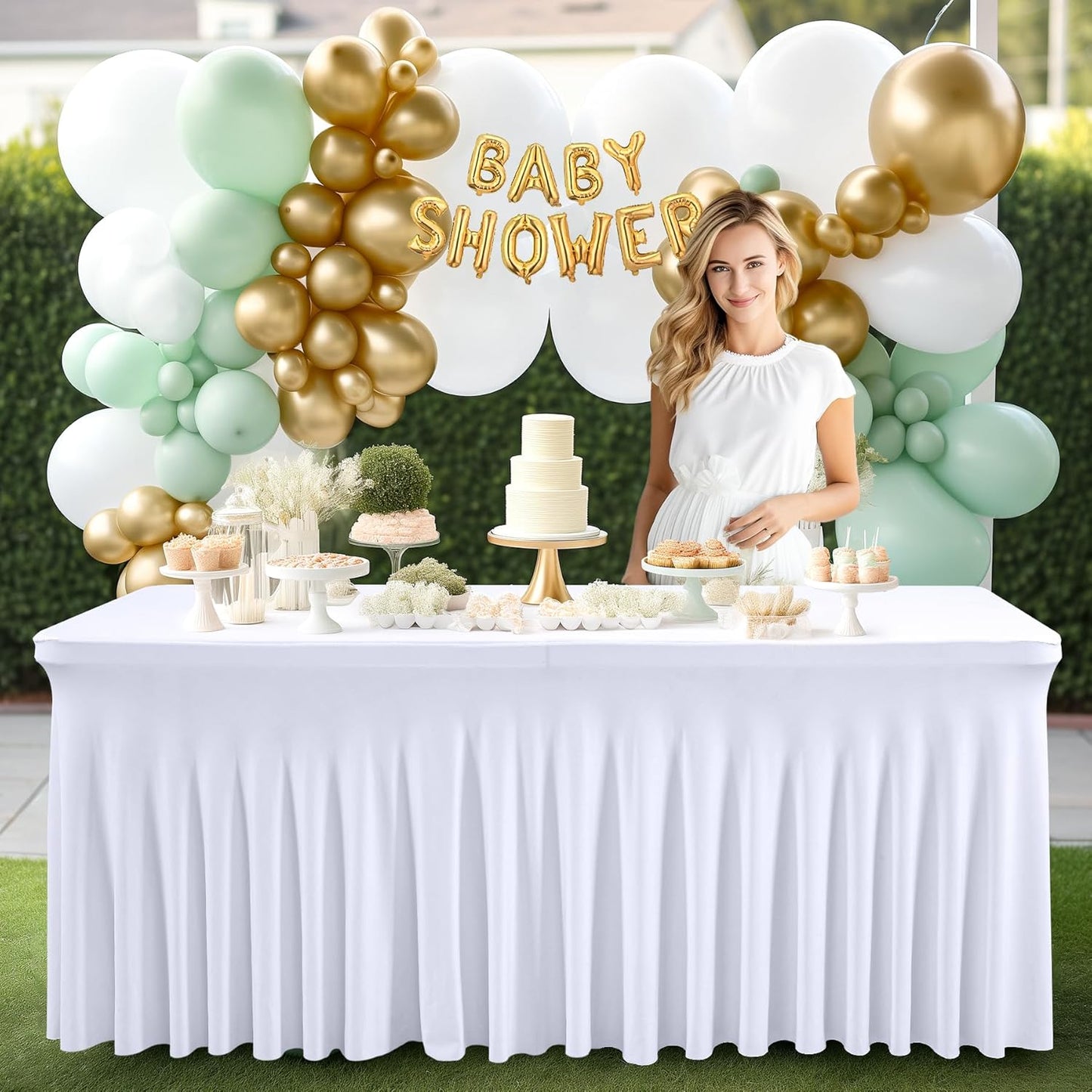 PARTISKY White Spandex Tablecloth for 6ft Rectangle Tables, Stretchable Table Cover Skirt for Folding Tables Weddings Parties Banquets Events Trade Shows and Dessert Table