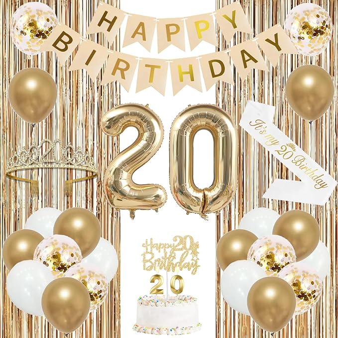 Trgowaul Happy 20th Birthday Decorations for Girls, Banner, Sash and Crown, Cake Topper, 20 Number Balloon, Fringe Curtains, Champagne Gold 20th Birthday Party Supplies