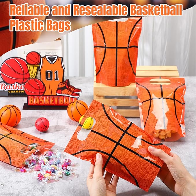 Blosssound 50 Pcs Basketball Goodie Bags Sport Sealing Pouches with Handles Clear Resealable Basketball Party Plastic Bags for Sports Theme Birthday Party Candy Gift Wrap Supplies Decoration