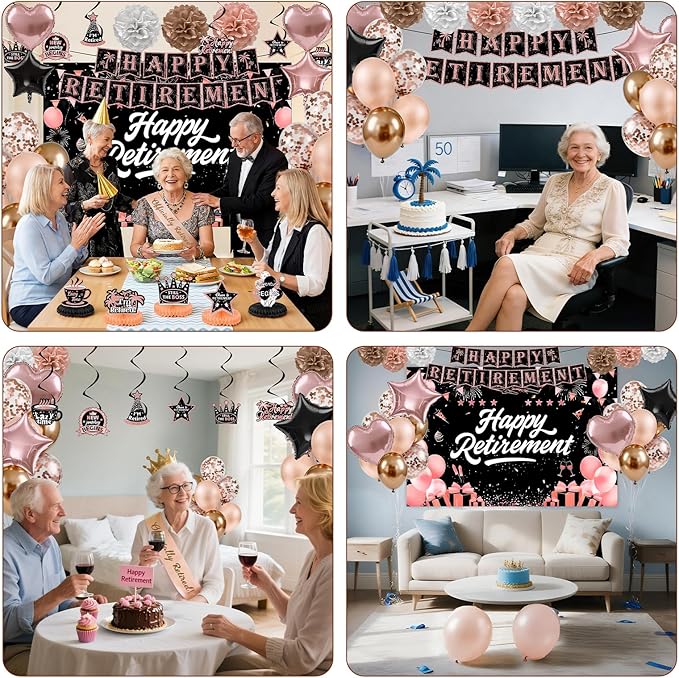 Retirement Party Decorations, Rose Gold Happy Retirement Decorations for Women Happy Banner & Backdrop Hanging Swirls Foil Balloon Retire Sash Paper PomPoms and Honeycomb Centerpieces