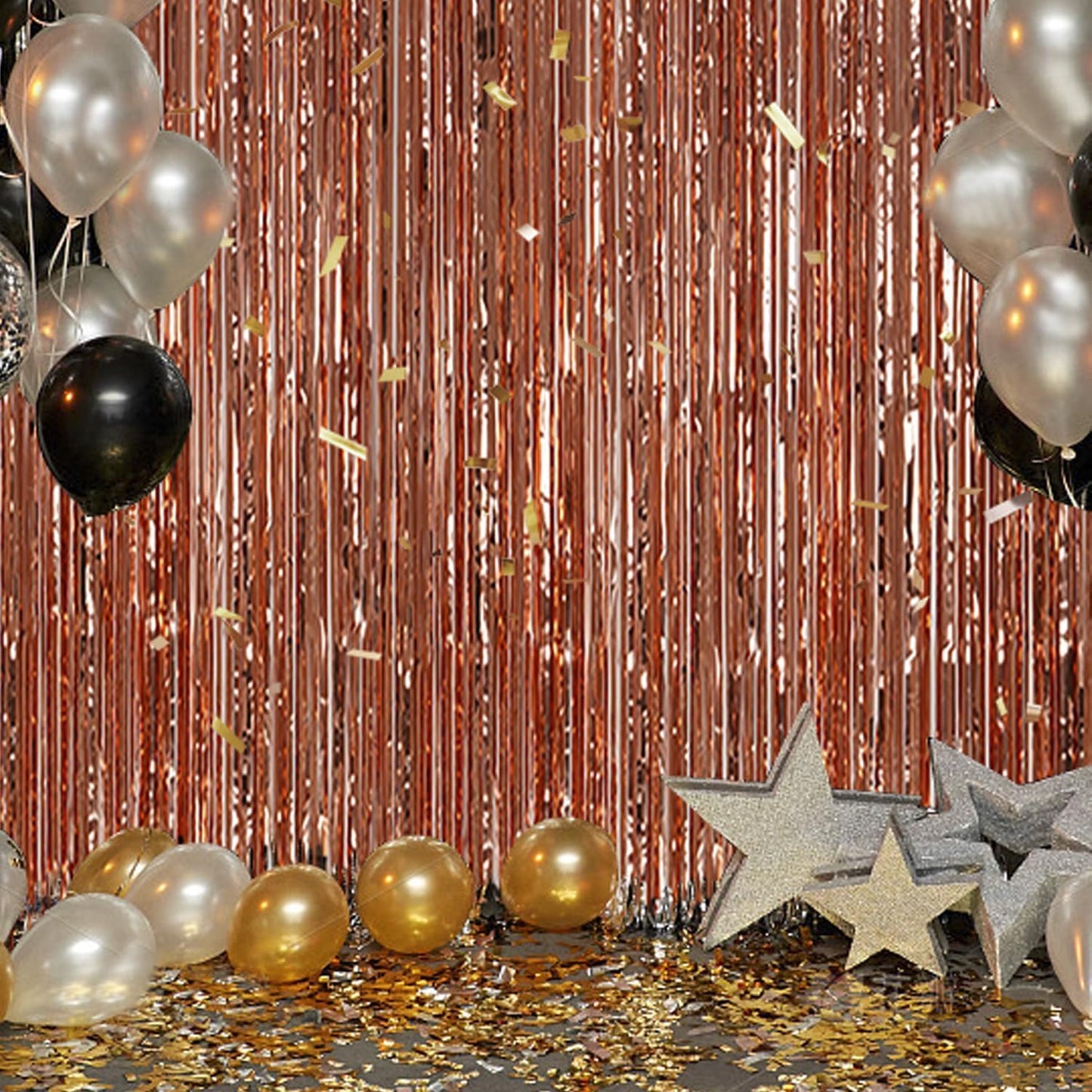 3 Pack Foil Fringe Backdrop - Rose Gold Shiny Tinsel Curtains for Party Decoration/Photo Booth Props - 3.3x8.2 FT Metallic Foil Backdrop for Birthday, Wedding, Graduation, Christmas.