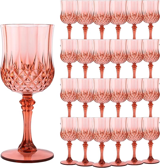 Plastic Wine Glasses, Plastic Goblets Vintage Style Cordial Unbreakable Drinking Glasses, Reusable Drinkware for Wedding Reception, Grand Event Party Supplies, Easter (24, Rose Gold)