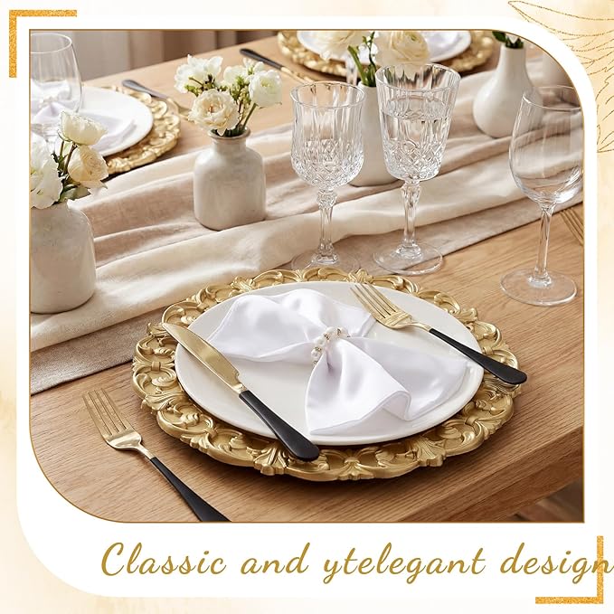 12 Pcs Vintage Gold Charger Plates Bulk 13 Inch Embossed Rim Plastic Round Decorative Plates Charger for Dinner Wedding Party Event Table Setting Decoration (Vintage)