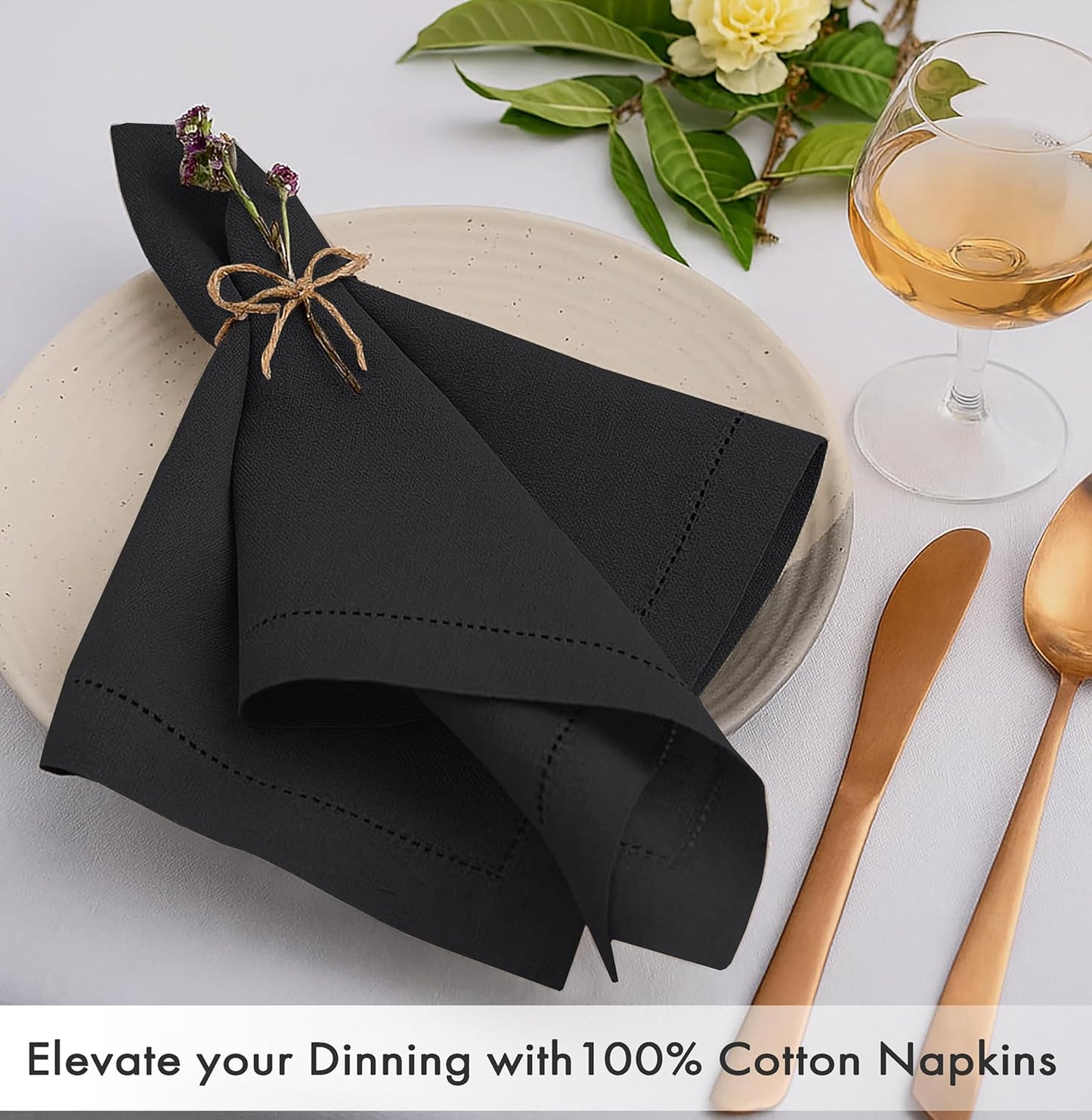 Ruvanti Cloth Napkins - 100% Cotton Dinner Napkins, Hem Stitched Corners, 18x18 Inch, 12 Pack - Soft, Absorbent, Durable, Reusable, Wrinkle Resistant for Formal Dining & Everyday Use - Black Beauty
