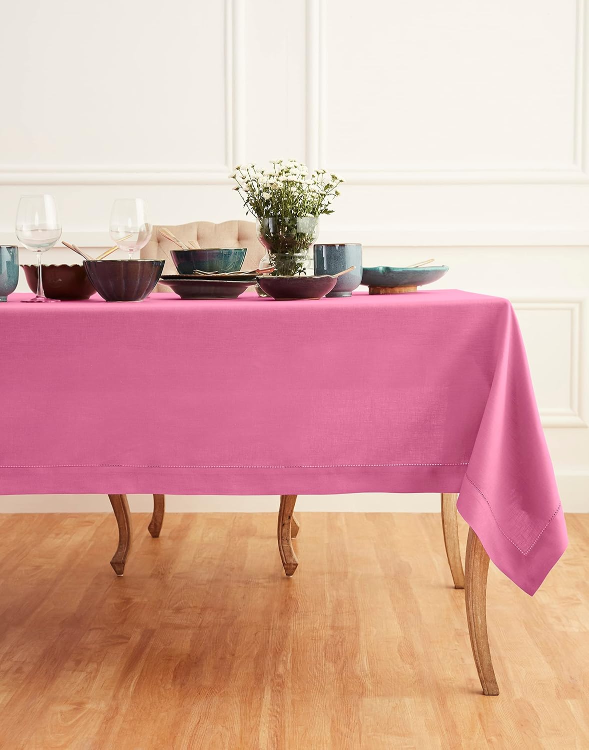 Solino Home Linen Tablecloth for Rectangle Tables 60 x 90 Inch - Classic Hemstitch 100% Pure Linen Flamingo Pink Table Cloth - Machine Washable Cloth Tablecloth for Halloween