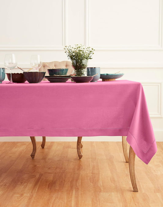 Solino Home Linen Tablecloth for Rectangle Tables 60 x 90 Inch - Classic Hemstitch 100% Pure Linen Flamingo Pink Table Cloth - Machine Washable Cloth Tablecloth for Halloween
