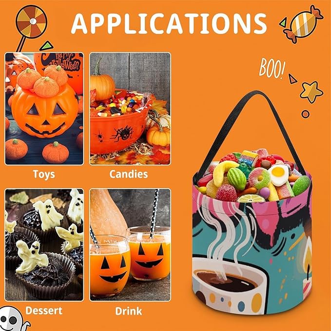 Halloween Candy Bucket - Doodle Style Coffee Cake Trick Or Treat Candy Bag, Gift Bag for Party Favor Supplies