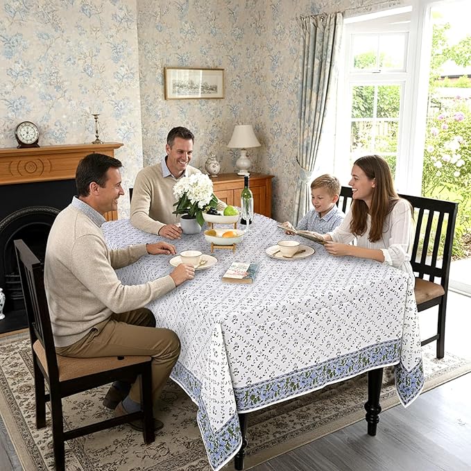 Ridhi Hand Block Print Powder Blue Rectangle Cotton Tablecloth 190" x 72" Reusable Table Cover Decorative Everyday Use for Dining, Farmhouse, Home Gift for Spring, Easter, Valentine