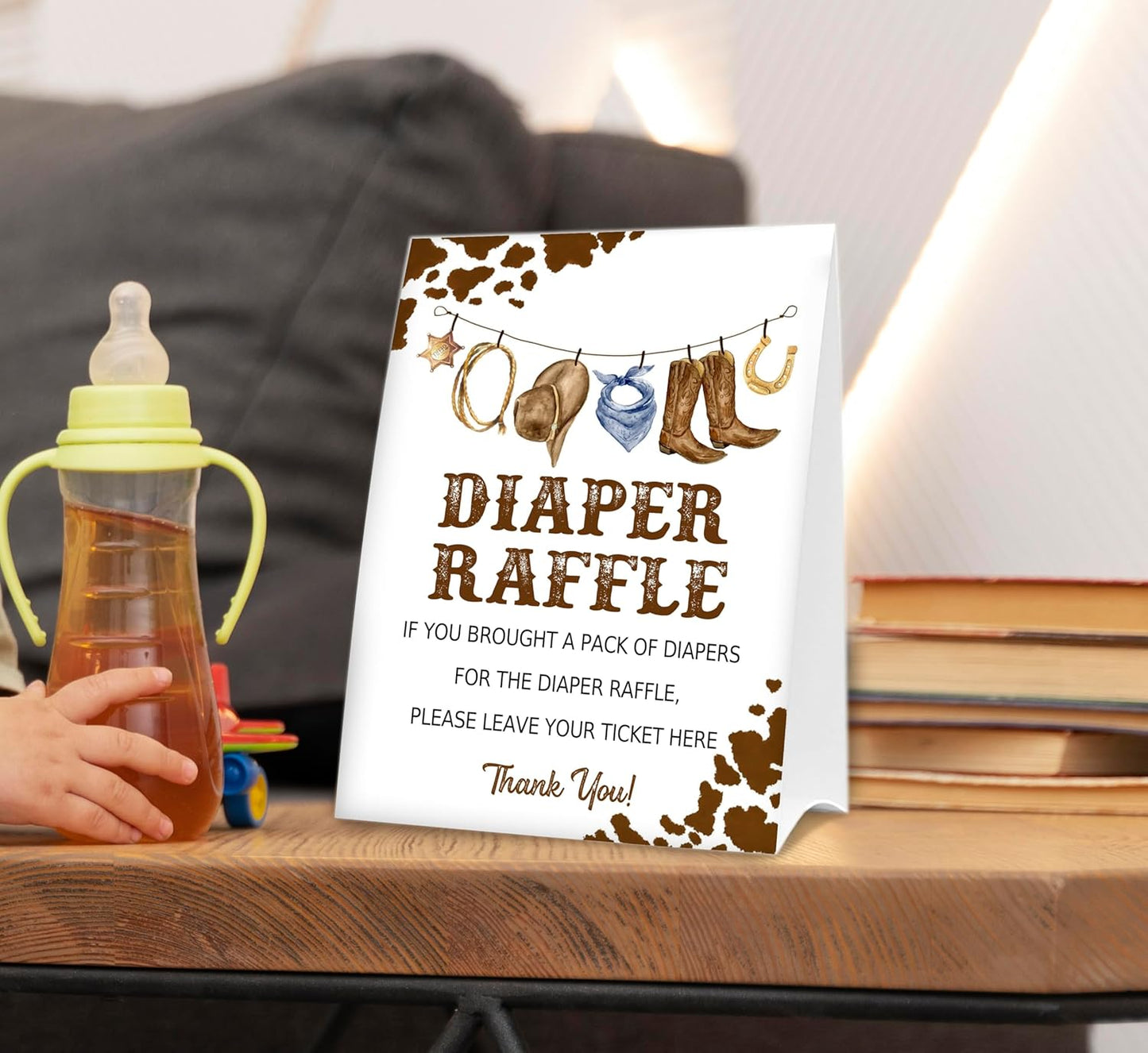 Diaper Raffle Tickets for Baby Shower Game, 1 Standing Sign & 50 Guessing Cards for Baby Shower Party Decoration, West cowboy