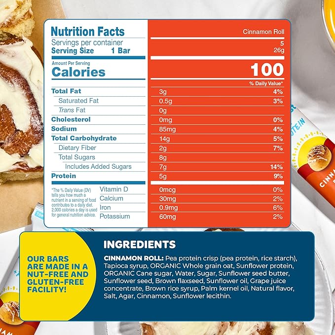 Blake's Breakfast Bars with Protein — Cinnamon Roll (30 Count), 5g Clean Plant-Based Protein, Gluten Free, Nut Free, Dairy Free & Vegan, Healthy Snacks for Kids or Adults, School Safe
