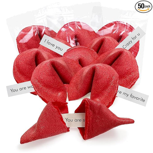 4E's Novelty Valentine Fortune Cookies (50 Pcs) - Fortune Cookies Individually Wrapped Bulk with 50 Valentine Messages, Valentine Treats for Kids Party, Non Candy Treats, 2025 Updated Version