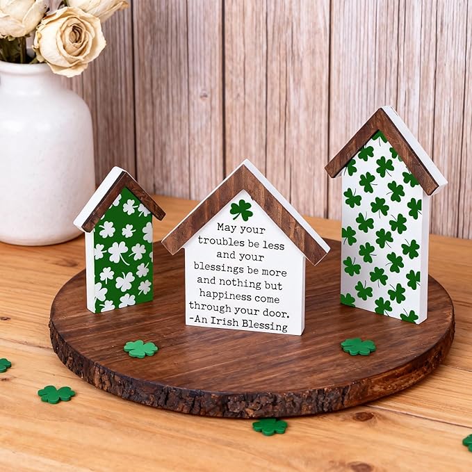 3 Pcs St. Patrick's Day Wood Tiered Tray Decorations Irish Wooden Table House Shape Block Sign Decor Rustic Shamrock Lucky Table Centerpiece for Home Table Centerpiece Farmhouse Shelf Mantel