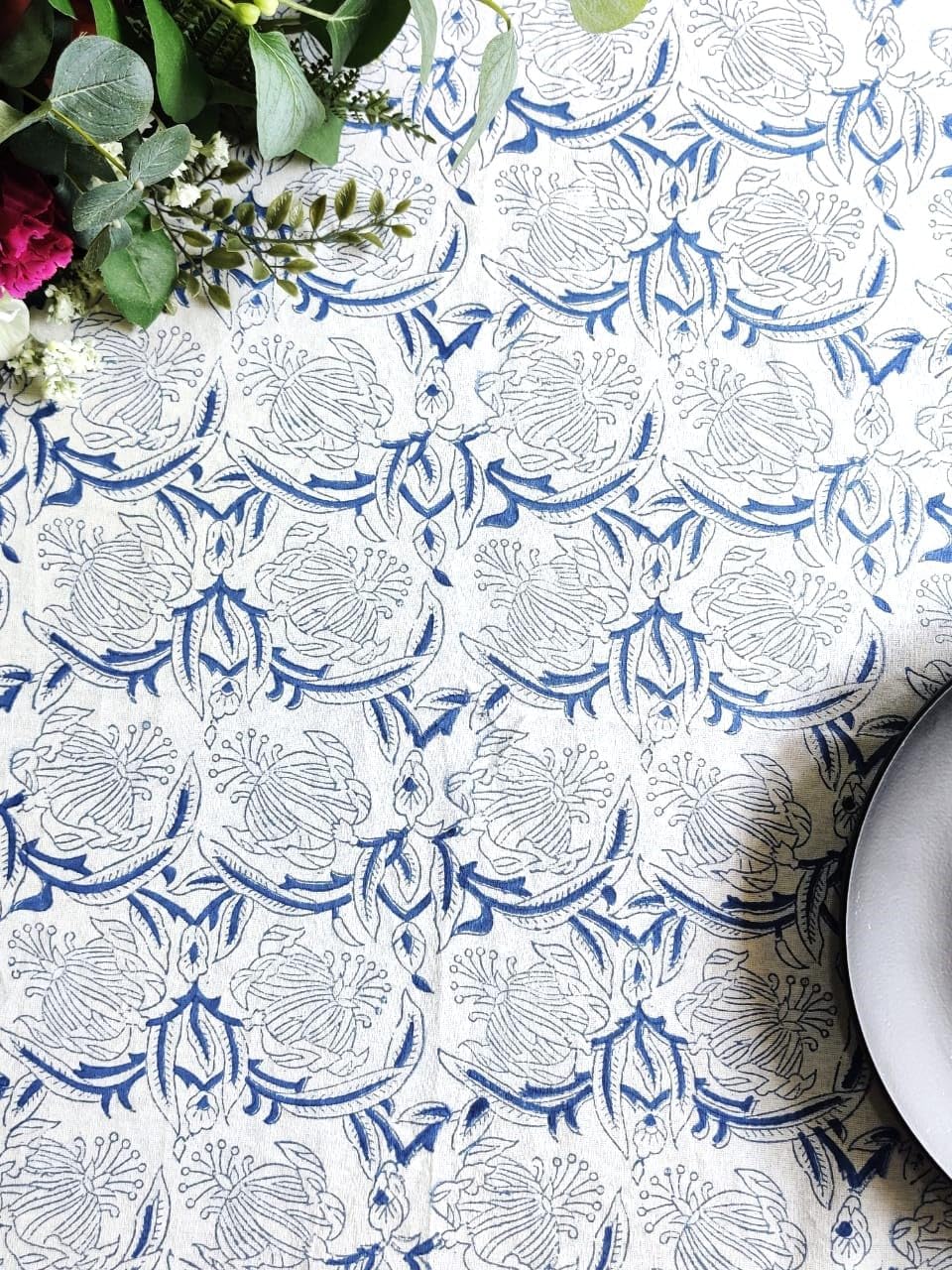 ATOSII Santorini 100% Cotton Round Tablecloth, Handblock Print Floral Table Cloth for Kitchen Dining Linen I Parties, Weddings, Outdoors, Spring Summer Decor I 60" Inches Round