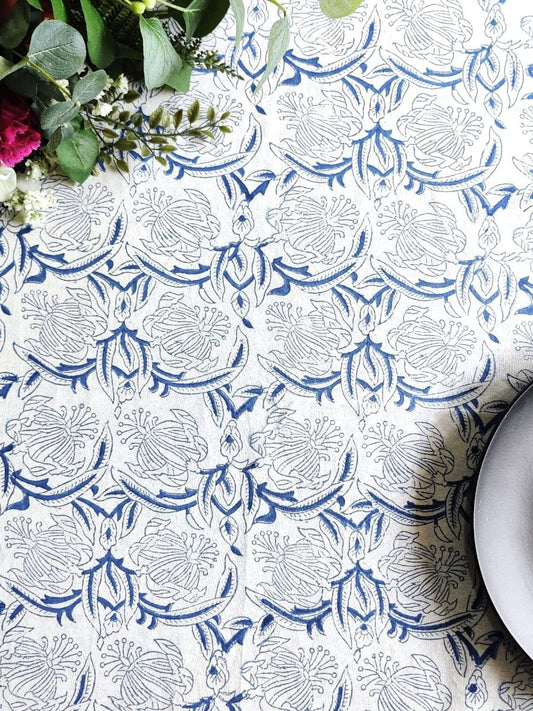 ATOSII Santorini 100% Cotton Round Tablecloth, Handblock Print Floral Table Cloth for Kitchen Dining Linen I Parties, Weddings, Outdoors, Spring Summer Decor I 60" Inches Round