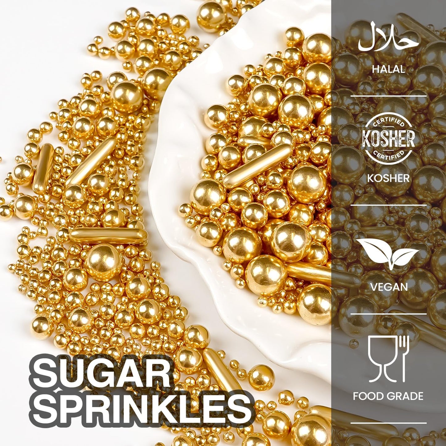 Gold Pearl Rods Sprinkles for Christmas Decorating, Edible Sugar Pearls Rods Candy, 150g/5.29oz, Mix Size Cake Topper Donuts Cupcake Cookie Dessert Decorations, Holiday, Wedding Party, Easter Supplies