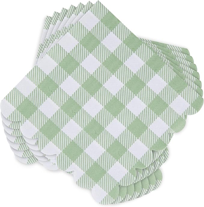 100 Pcs Sage Green Napkins Scalloped Plaid Cocktail Napkins Folded 5 x 5 Inches Disposable Napkins for Wedding Birthday Party