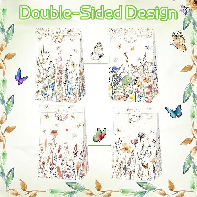 Inshinern Wildflower Party Favor Gift Bags Small Spring Floral Party Bags with Sticker Boho Theme Candy Goodie Bag for One Birthday Baby Shower Woodland Picnic Garden Tea Party Supplies (12Pcs)