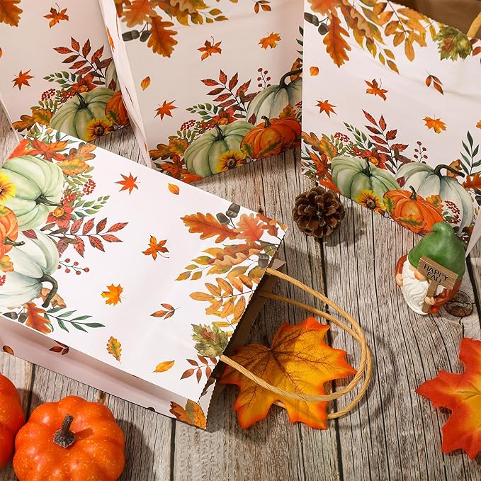 JarThenaAMCS 24Pcs Fall Kraft Paper Gift Bags Pumpkin Maple Leaves Treat Bags with Handles Grocery Shopping Bags Candy Goodie Bags for Autumn Thanksgiving Baby Shower Birthday Party Favors Supplies