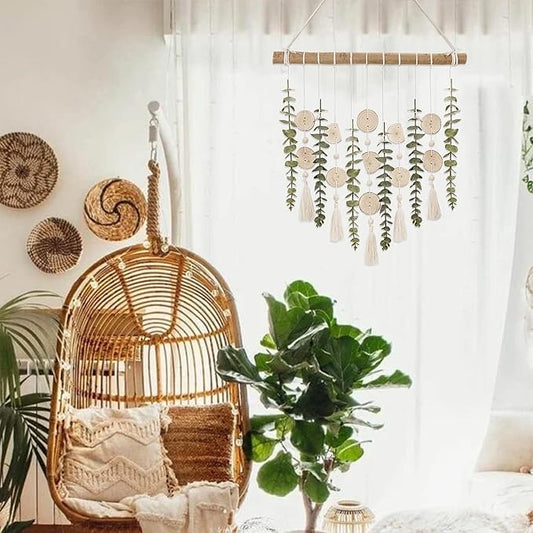 Boho Wall Decor Artificial Eucalyptus Bathroom Decor Fake Eucalyptus Plants Greenery Leaves with Wooden Bead Garland on Stick Rustic Farmhouse Home Decorations for Bedroom Living room Nursery Kitchen