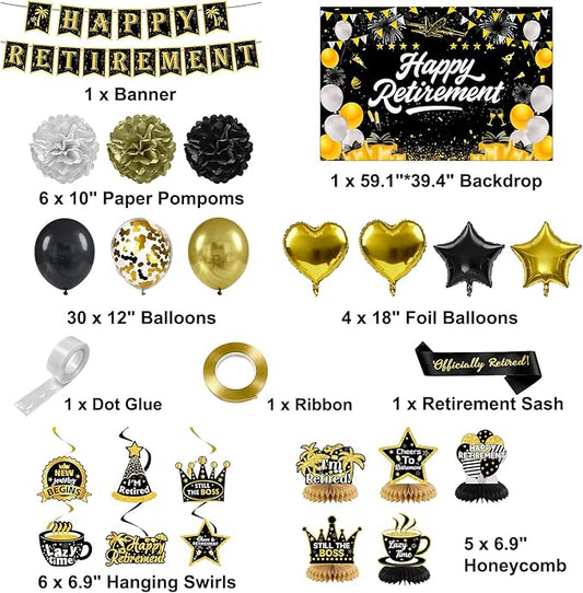 Retirement Party Decorations, Black Gold Happy Retirement Decorations for Women Men Happy Banner & Backdrop Hanging Swirls Foil Balloon Retire Sash Paper PomPoms and Honeycomb Centerpieces