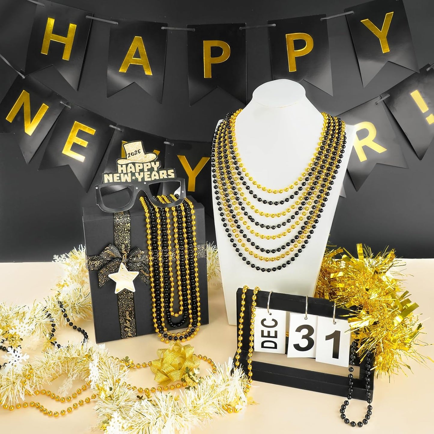 144 PCS Gold Black New Year Necklaces, New Year Eve Necklaces, 33'' Round Happy New Year Necklace Accessories, 2026 New Year Party Beads for New Year's Day, Halloween, Christmas, Carnival Party Favors