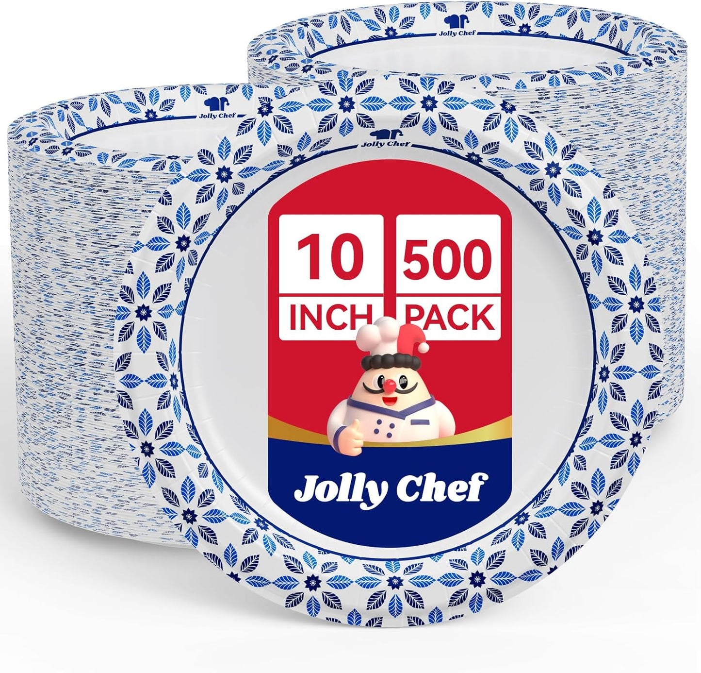JOLLY CHEF 10 inch Disposable Paper Plates 500 Count, Soak Proof, Cut Proof, Heavy Duty Paper Plates for Everyday Use