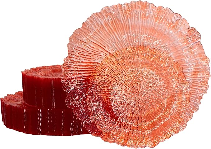 U-QE 60PCS Clear Orange Plates - Reef Orange Plastic Plates Disposable&Reusable - Heavy Duty Plastic Plate Including 30 Dinner Plate 10" & 30 Dessert 7" Perfect for Party