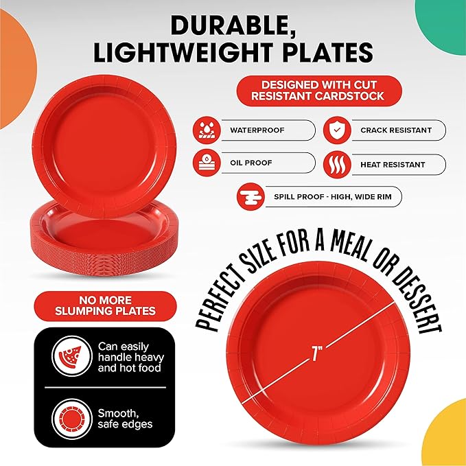 Exquisite Party Solids Red Paper Plates Disposable Heavy Duty 7 Inch Red Disposable Plates For Party 100 Pcs Heavy Duty 350 GSM, Birthday Supplies