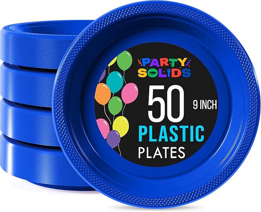 Exquisite Party Solids Dark Blue Plastic Plates For Party Supplies 9" Dark Blue Disposable Plates Heavy Duty 50 Pcs Plastic Dinnerware Sets Heavy Duty 350 GSM Disposable Dinnerware Set