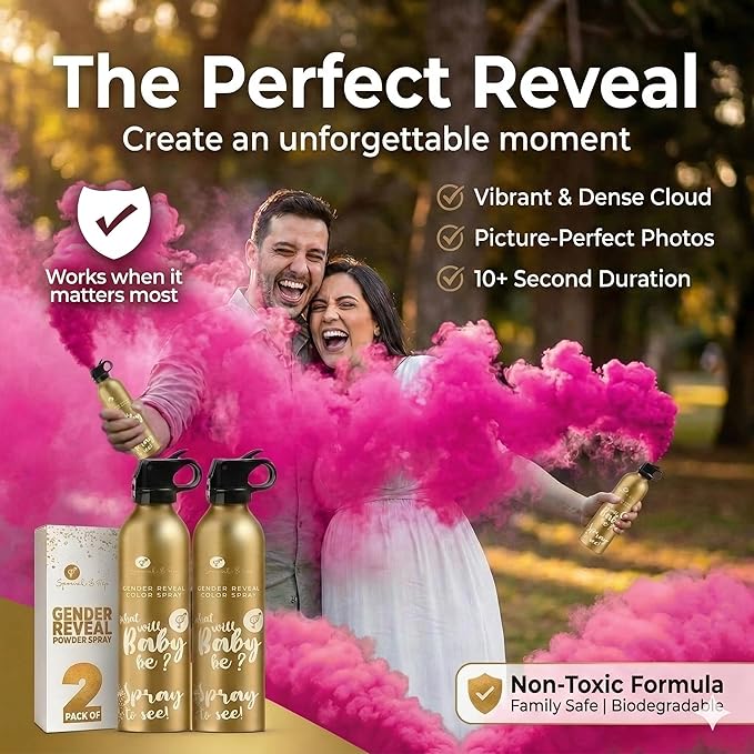 Gender Reveal Smoke Bombs Set – 2 Pack Gender Reveal Fire Extinguisher Spray (Pink, 150g Each) – Non-Toxic Cornstarch Cloud for Baby Girl Reveal Party Ideas, Pregnancy Announcement – Stickers Included