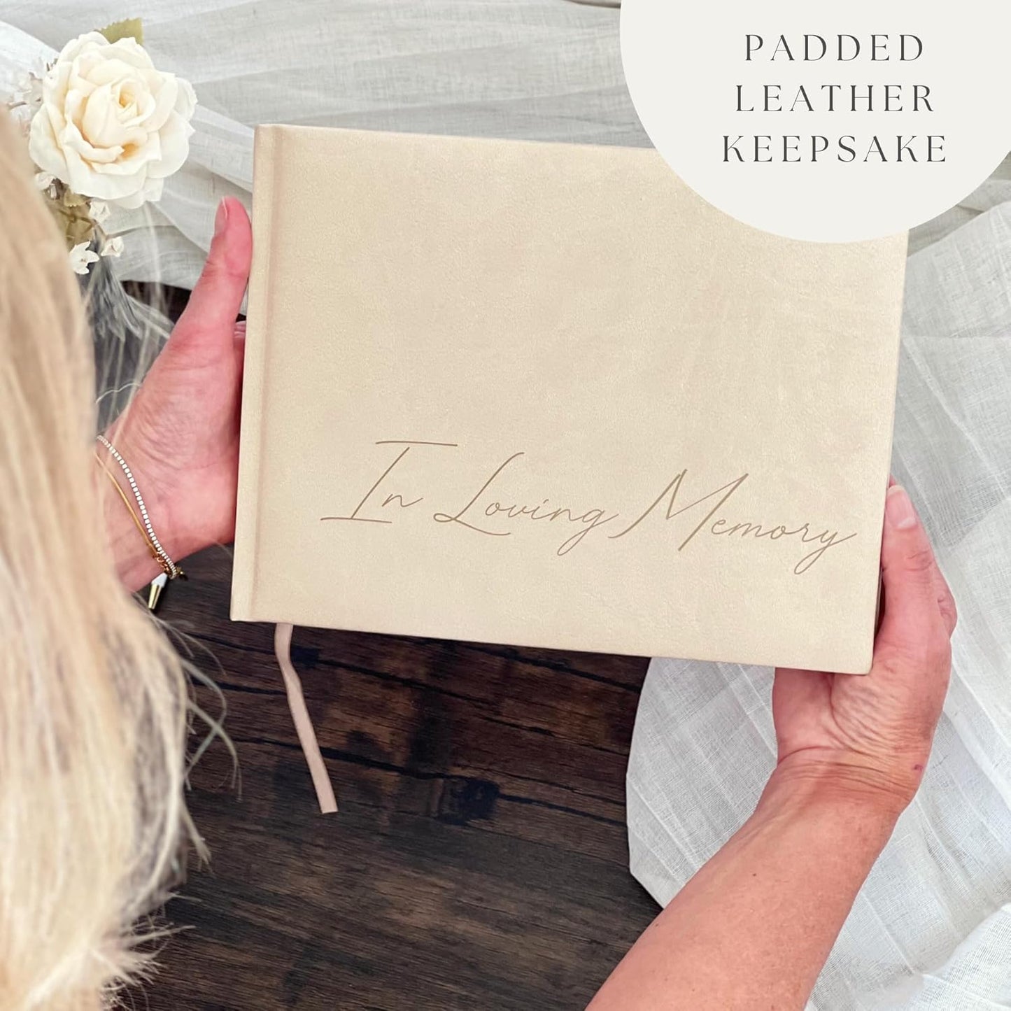 Funeral Guest Book for Celebration Of Life Memorial Service - Leather Memory Book for Funeral Guests to Sign In with Condolence Memory Table Sign & Back Pocket - Beige Guestbook