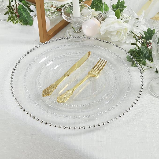 Efavormart 10-Pack Economy Plastic Charger Plates 13" Round Clear with Silver Beaded Rim - Stylish Dinner Party Serving Plates