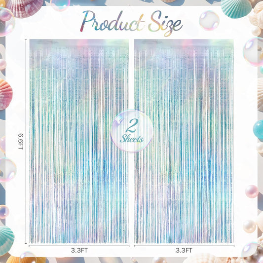 2 Pack Iridescence Party Streamers Backdrop Curtains, 3.3x8.2ft Holographic Tinsel Foil Curtain Photo Booth Props for Birthday, Wedding, Holiday Celebration, Bachelorette, Theme Decorations