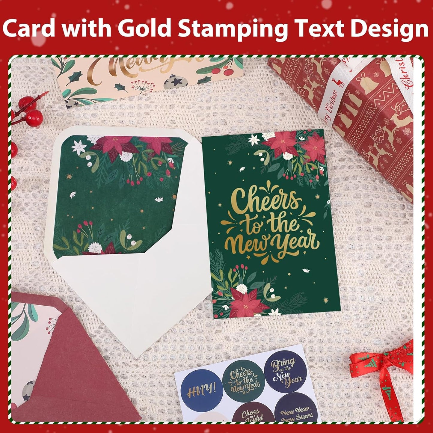 New Year Cards with Envelopes, 36 Pack 4x6in Happy New Year Greeting Cards, Gold Foil Holiday Card with Stickers, 6 Assorted Design