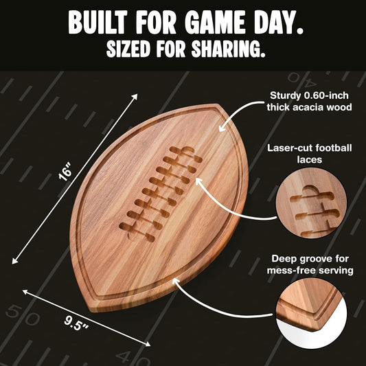 New – Football Shaped Cutting Board – Acacia Wood Charcuterie Tray – Wooden Football Serving Platter for Super Bowl Parties, Tailgate Hosting & Gifts