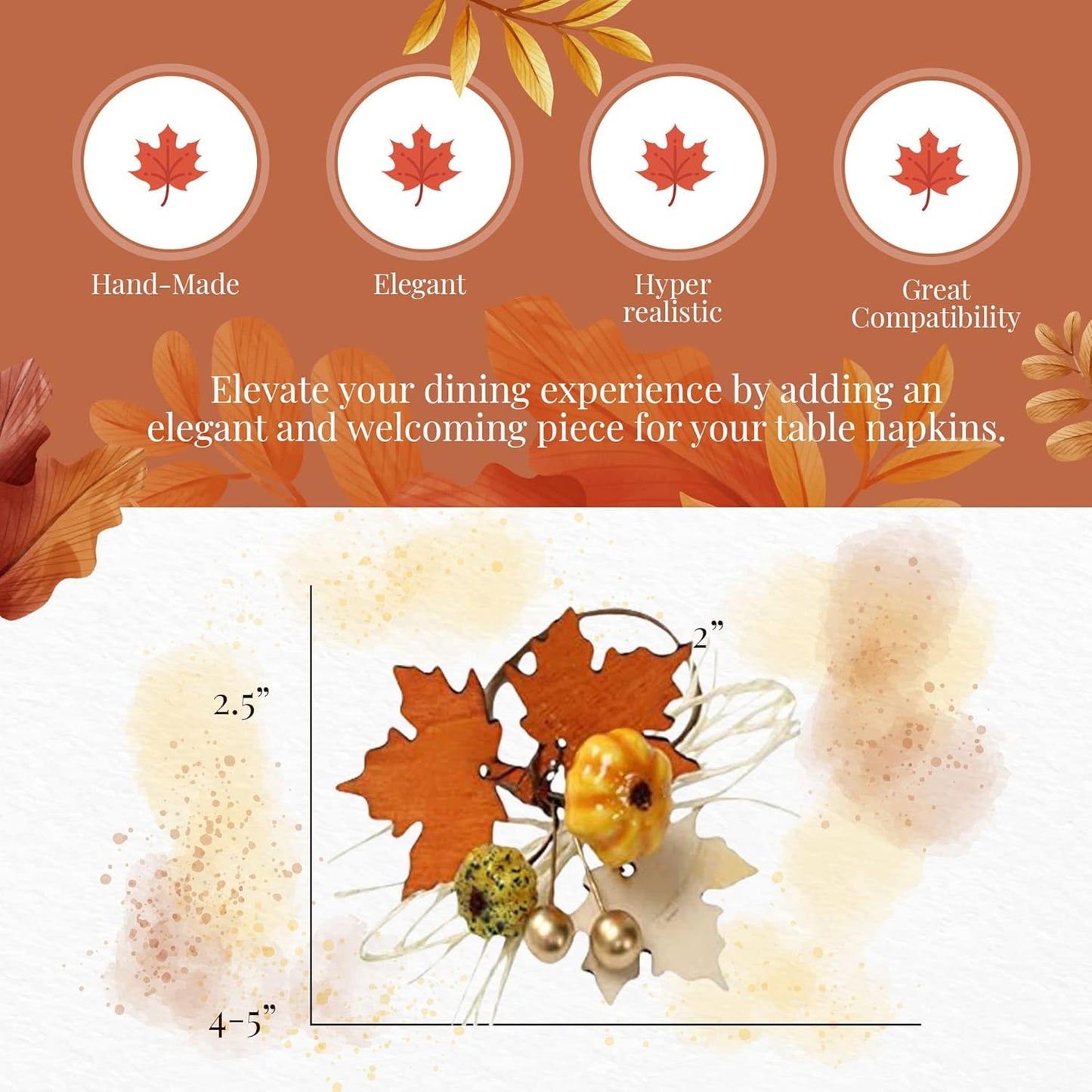 Angel Isabella Thanksgiving Fall Themed Napkin Rings - Harvest Maple Wood & Pumpkin Cloth Napkin Holder for Table Setting - Fall Banquet, Thanksgivin, Christmas or Wedding Table Decor 6 PCs