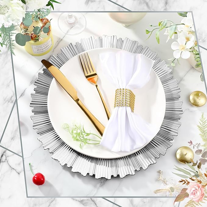 Mifoci 50 Pcs Bright Silver Charger Plates Bulk 13 Inch Plastic Round Chargers Fluted Edge Dinner Plate Wedding Decoration for Table Setting Wedding Party Event Tabletop