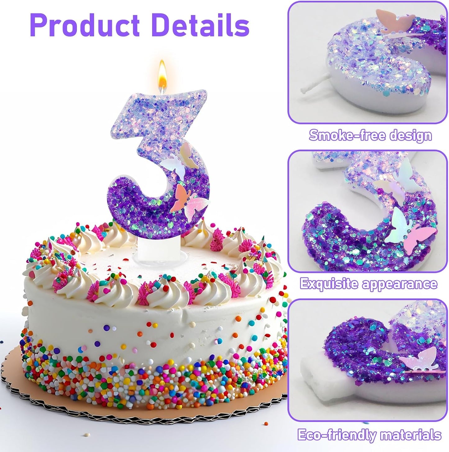 3Th Birthday Candle for Cake，Butterfly Cake Toppers，Butterfly Birthday Decorations，Purple Birthday Candles，for Birthdays,Theme Parties, Celebration, Anniversary