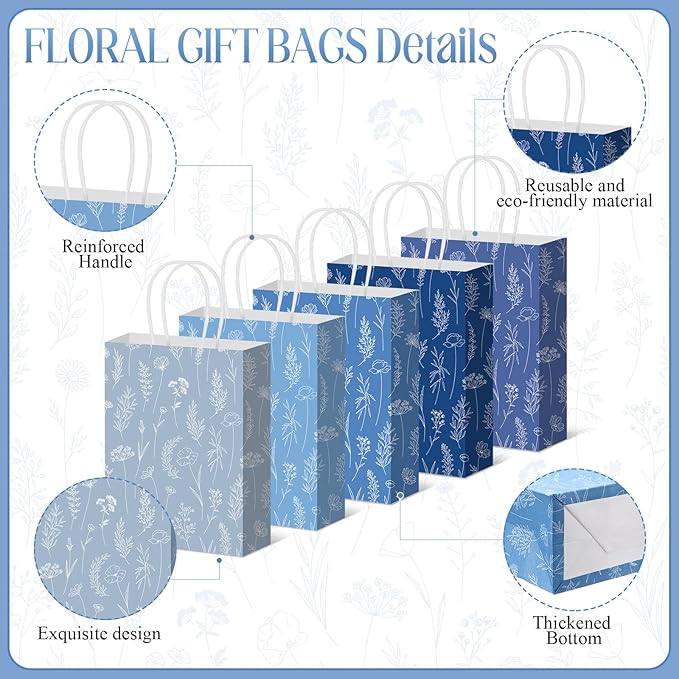Kolldenn 50 Pcs Blue Wildflower Gift Bags with Handles Paper Floral Goodie Welcome Bag for Wedding Guest Baby Shower Bridal Birthday Party Favor, 5.91 x 3.15 x 8.27 Inches