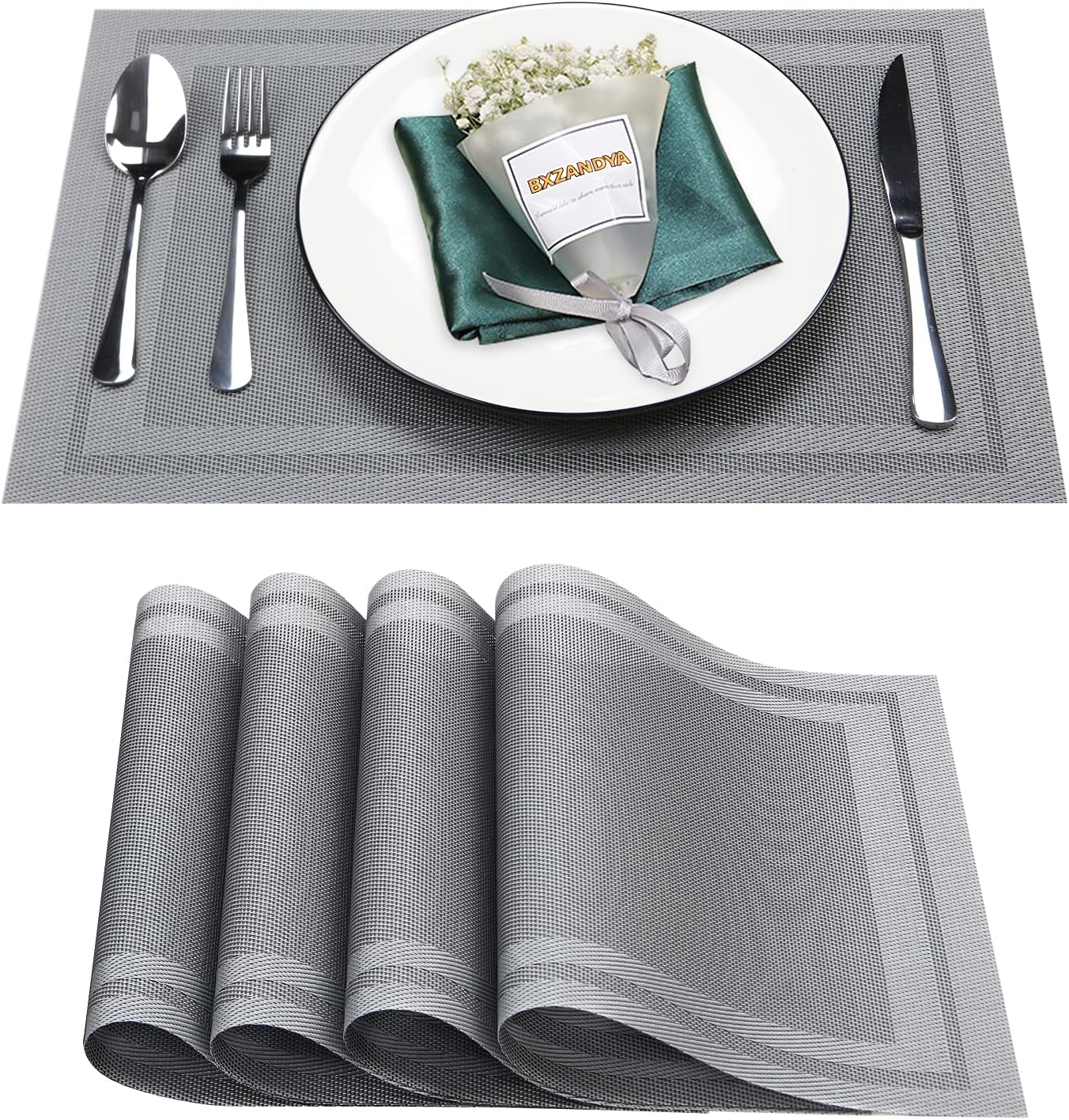 Placemats Set of 4,Washable,Heat and Stain Resistant Indoor/Outdoor Place mats,Vinyl Woven Non Slip Table Mats for Restaurant Table Protection,PVC Placemats(Gray,4PCS)