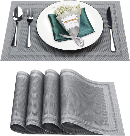 Placemats Set of 4,Washable,Heat and Stain Resistant Indoor/Outdoor Place mats,Vinyl Woven Non Slip Table Mats for Restaurant Table Protection,PVC Placemats(Gray,4PCS)