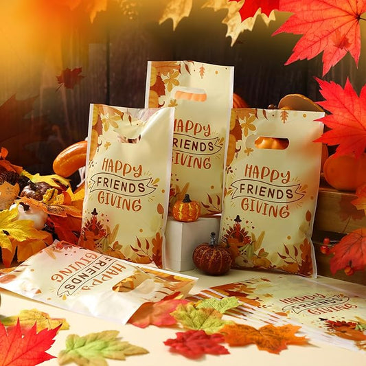 Supervitae 100 Pcs Happy Friendsgiving Plastic Gift Bags Bulk Thanksgiving Party Favor Bags with Handles for Fall Birthdays Weddings Snacks Goodie Candy Treat Party Favors Supplies