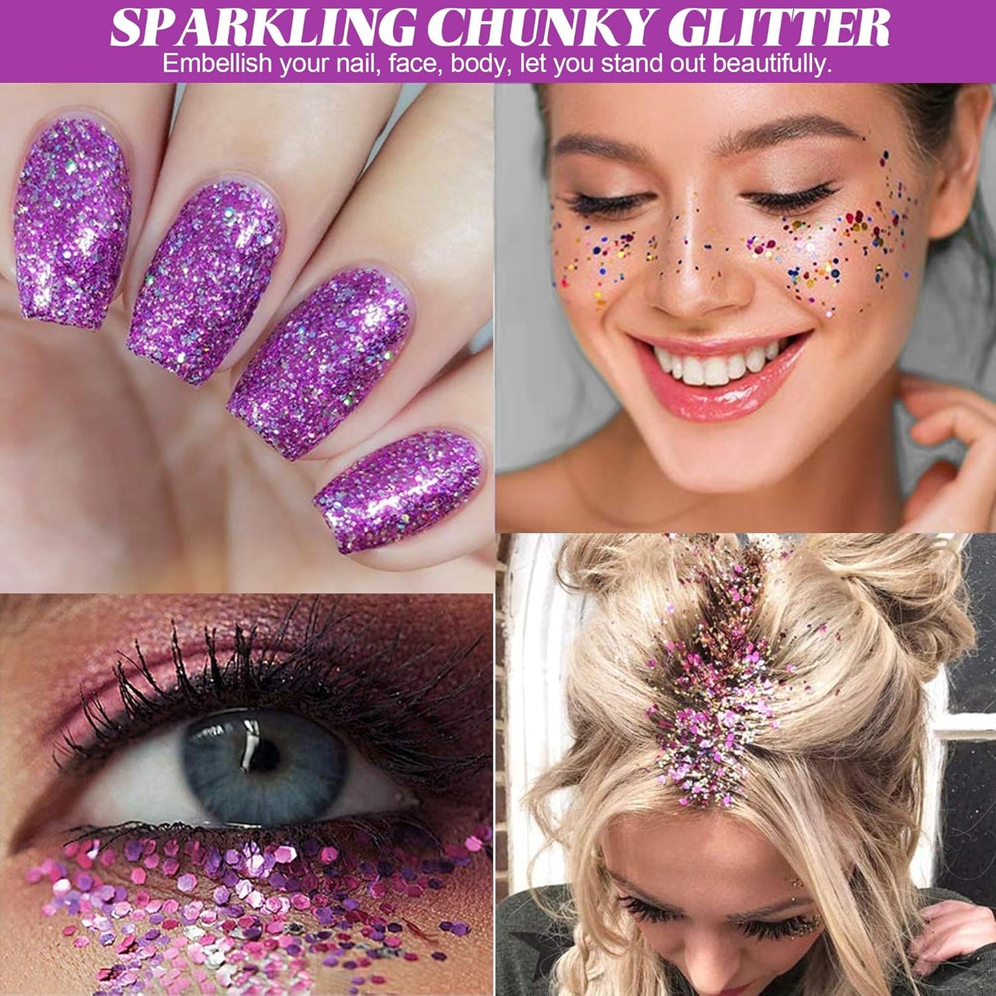 HEMOER Holographic Chunky Glitter, 12 Colors Sparkle Sequins, Mix Exclusive Polyester Glitter Set for Epoxy Resin, Tumblers,Crafts, Makeup, Festival Party Decoration - 0.42oz Each Bottle