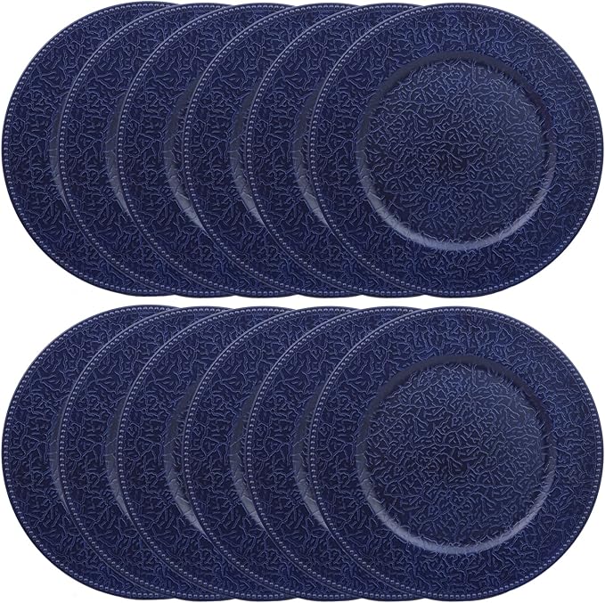 Navy Blue Chargers for Dinner Plates with Beaded Rims, Set of 12 Plastic Bulk Wedding Charger Plates for Thanksgiving, Christmas, Holiday Party Table Setting.