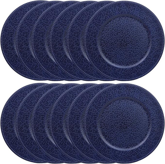 Navy Blue Chargers for Dinner Plates with Beaded Rims, Set of 12 Plastic Bulk Wedding Charger Plates for Thanksgiving, Christmas, Holiday Party Table Setting.